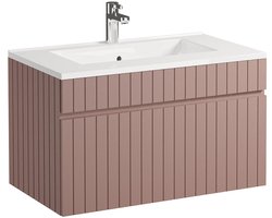 Vente-unique Roze gestreept hangmeubel voor badkamer met inbouwwastafel - 80 cm - SATARA