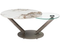 Vente-unique Salontafel met draaiende bladen in keramiek, gehard glas en taupe metaal - Witte en grijze marmerlook - ELDOVA