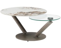 Vente-unique Salontafel met draaiende bladen in keramiek, gehard glas en taupe metaal - Witte en grijze marmerlook - ELDOVA L 130 cm x H 43 cm x D 80 cm