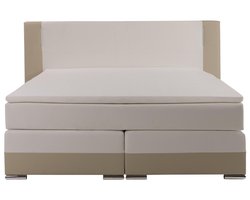 Vente-unique Set boxspring en matras met hoofdeinde met Leds + lattenbodem + matras + dekmatras ASTI van YSMÉE - 160 x 200 cm - kunstleer - crème wit L 219 cm x H 120 cm x D 213 cm