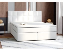 Vente-unique Set boxspring en matras met hoofdeinde met Leds + lattenbodem + matras + dekmatras BILBAO van YSMÉE - 160x200cm - kunstleer - Wit L 210 cm x H 118 cm x D 190 cm