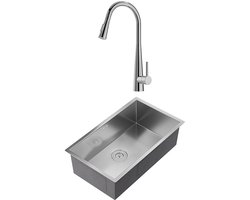 Vente-unique Set gootsteen 76 x 45 cm SOELA + kraan met douchekop ROFILA van roestvrij staal - Grijs en verchroomd