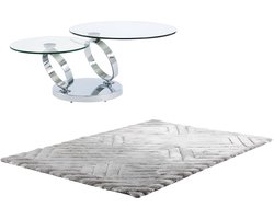 Vente-unique Set salontafel met draaiend transparant blad JOLINE en grijs shaggy tapijt MAZE L 230 cm x H 42 cm x D 160 cm