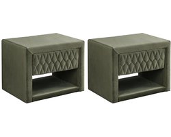 Vente-unique Set van 2 nachtkastjes - 1 lade en 1 nis - Fluwelen stof - Olijfgroen - DANIELE