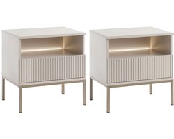 Vente-unique Set van 2 nachtkastjes met 1 lade en 1 nis - Met ledverlichting - Mdf en gerookt glas - Beige - OVILA