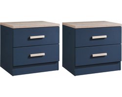 Vente-unique Set van 2 nachtkastjes met 2 lades - Blauw en houteffect - SKAIDO