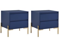 Vente-unique Set van 2 nachtkastjes met 2 lades - Mdf en metaal - Blauw gelakt en goud - KORASA
