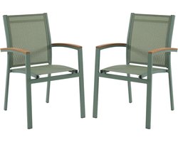 Vente-unique Set van 2 stapelbare tuinstoelen van aluminium en textiel - Amandelgroen en armleuningen van acaciahout - TAIPIVAI L 55 cm x H 89 cm x D 61 cm