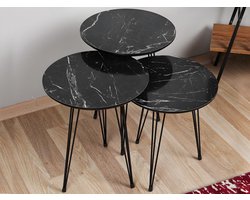 Vente-unique Set van 3 uitschuifbare bijzettafels - Metaal en MDF - Zwart marmer effect - DARIULA L 38 cm x H 55 cm x D 38 cm