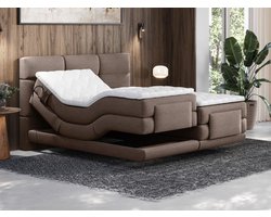 Vente-unique Set van boxspring met gecapitonneerd hoofdbord – Elektrische relaxbedbodems – Met matras en topmatras – 2 x 80 x 200 cm – Stoffen bekleding – Bruin – LODI van PALACIO L 215 cm x H 118 cm x D 168 cm