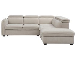 Vente-unique Slaapbank met hoek rechts en poef in beige stof - BALOTIA
