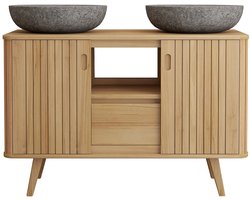 Vente-unique Teakhouten badkamermeubel op pootjes met grijze dubbele waskom van natuursteen - 120 cm - WAMENA