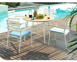 Vente-unique Tuineethoek van hout en aluminium: een tafel D110 cm en 4 fauteuils - Wit en licht naturel - MIAMI van MYLIA