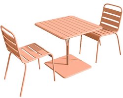 Vente-unique Tuineethoek van metaal - Een tafel D80 cm en 2 opstapelbare stoelen - Perzikkleurig - MIRMANDE van MYLIA L 80 cm x H 79 cm x D 80 cm