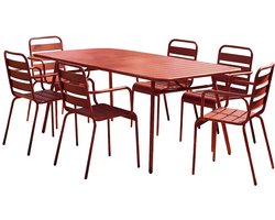 Vente-unique Tuineethoek van metaal - een tafel L.160 cm en 6 stapelbare stoelen - Rood - MIRMANDE van MYLIA