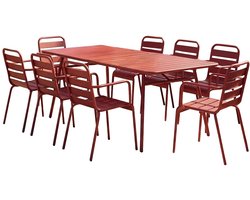 Vente-unique Tuineethoek van metaal - een tafel L.160 cm en 8 stapelbare stoelen - Rood - MIRMANDE van MYLIA