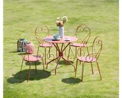 Vente-unique Tuinset van metaal smeedijzer: één tafel en 4 stapelbare stoelen - terracotta - GUERMANTES L 80 cm x H 89 cm x D 80 cm