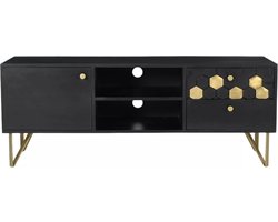Vente-unique Tv-meubel met 1 deur, 2 lades en 2 nissen van mangohout en metaal - Zwart en goudkleurig - BELORI