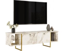 Vente-unique Tv-meubel met 2 deuren en 2 planken - Wit marmereffect en goudkleurig - DERANA