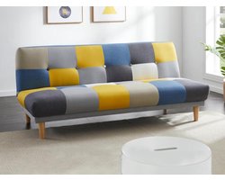 Vente-unique Uitklapbare driezitsbank van stof MARDAG - Grijs, blauw en geel patchwork