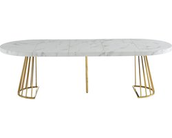 Vente-unique Uitschuifbare eettafel 2 tot 12 plaatsen van mdf en staal - Wit marmereffect en goud - FIRELA