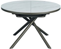 Vente-unique Uitschuifbare eettafel voor 4 tot 6 personen van keramiek, MDF en metaal - Wit marmereffect en brons - FEROLA