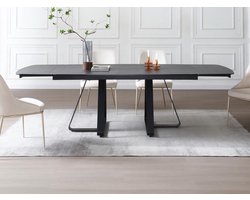Vente-unique Uitschuifbare eettafel voor 6 tot 10 personen in gehard glas en keramiek - Look van zwart marmer - MARDONA