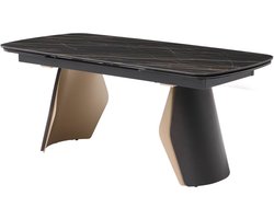 Vente-unique Uitschuifbare eettafel voor 6 tot 10 personen in keramiek, gehard glas en metaal - Zwarte marmerlook en goudkleurig - ZINORIA van Maison Céphy