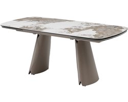 Vente-unique Uitschuifbare eettafel voor 6 tot 10 personen van keramiek, gehard glas en bronzen metaal - Wit en grijs marmereffect - FARUDI van Maison Céphy