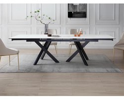 Vente-unique Uitschuifbare eettafel voor 8 tot 12 personen in gehard glas en keramiek - Look van wit marmer en zwart - MARISO