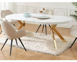 Vente-unique Verlengbare eettafel 4 tot 8 plaatsen van mdf en staal - Wit marmereffect en goud - KOMONI