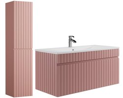 Vente-unique Zwevend badkamermeubel met inbouwwastafel en kast - 100 cm - Kleur roze met verticale lijnen - SATARA