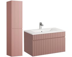 Vente-unique Zwevend badkamermeubel met inbouwwastafel en kolomkast - 80 cm - Kleur roze met verticale lijnen - SATARA