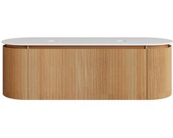 Vente-unique Zwevende gestreept onderkast in essenhout met mat gesinterd stenen blad - Licht naturel - B150 cm - LILIKO