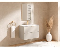 Vente-unique Zwevende wastafelonderkast met gouden metalen handgrepen - Kleur beige - 80 cm - ONDIL