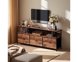 Venzor - TV‑meubel 108 cm – 3 Stoffen Lades, Open Planken & LED‑Verlichting – Industrieel Dressoir met Metaal & E1‑Spaanplaat – Tijgerhuid Design
