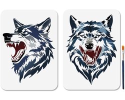 Verf sjablonen wolfskop 2 stuks - herbruikbaar 29.7x21cm - voor creatieve wanddecoratie - inclusief penseel - ShopVlot