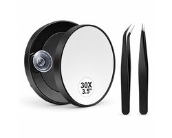 Vergrootspiegel 30x - Make-up Spiegel met Zuignap - 2 Pincetten - Compacte Reisspiegel - 3-delig - Zwart