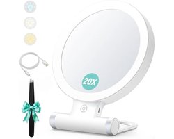Vergrootspiegel met LED-verlichting, 20X/1X dubbelzijdig, draagbare make-up spiegel, dimbaar touchscreen, 3 kleuren verlichting, wit