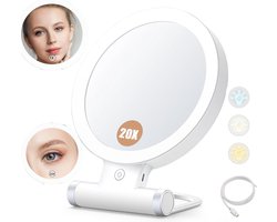 Vergrootspiegel met licht,20X/1X dubbelzijdig tafelblad draagbare verlichte make-up schoonheidsspiegel, 3 kleuren verlichting, dimbaar aanraakscherm