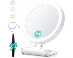 Vergrotende Spiegel met Licht - 30X/1X Dubbele Zijde - Opvouwbaar Opzetspiegel - Voor Make-up en Verzorging - Draagbaar voor Reizen