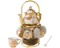Verguld keramisch theeservies - vintage stijl - voor 6 personen - roze