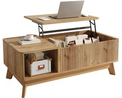 Verhoogbare Salontafel - Uitschuifbaar Blad - Golvend ontwerp - Open opbergvakken aan de zijkant - Multifunctioneel Woonkamermeubilair - Natuurlijke houtkleur