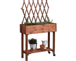 Verhoogd Bloembed met Rankrooster op Wieltjes - Smal Plantenbak voor Tuin, Terras en Balkon - 79 x 28,5 x 130 cm