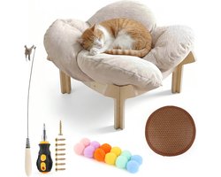 Verhoogd Kattenbed in Bloemvorm, Stevige Houten Kattenbank met Afneembaar Kussen, Comfortabele Kattenmeubels voor Spelen en Slapen