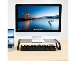 Verhoogde Monitorstandaard met Glazen Opzetstuk voor Bureau en Computer Tafel Zwart