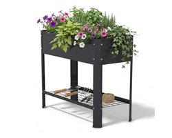 Verhoogde Plantenbak 80x35x80 cm – Kweektafel Buiten van Staal – Plantenbak op Poten met Opbergrek – Balkon & Tuin – Zwart