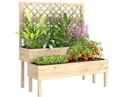 Verhoogde Plantenbak – Bloembak – Tuinbak – Moestuinbak – Kweekbak – Houten 2-Traps Ontwerp – Inclusief Trellis En Viltvoering – 108x62x120 cm