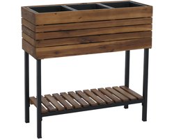 Verhoogde plantenbak MCW-P84, plantenbak, bloembak, plantenpot, opbergrek voor buiten, acaciahout, MVG 79x80x31 cm ~ bruin