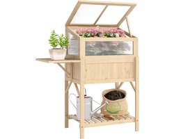 Verhoogde plantenbak met kasopzetstuk van hout, plantenkas met inklapbare zijplank en opslagruimte, verhoogde plantenkas 104x50x120cm voor kruiden in tuin, balkon of terras, natuurlijk hout